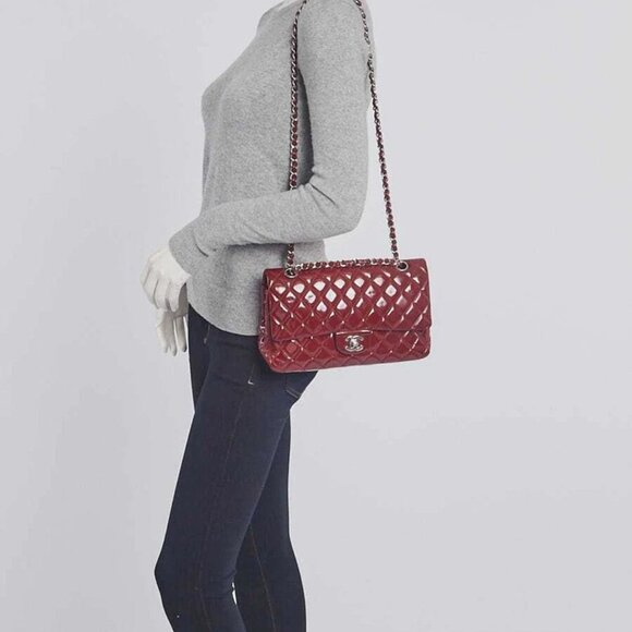 Chanel Red Quilted Patent Leather Classic Medium Double Flap Bag - Picture 11 of 12
